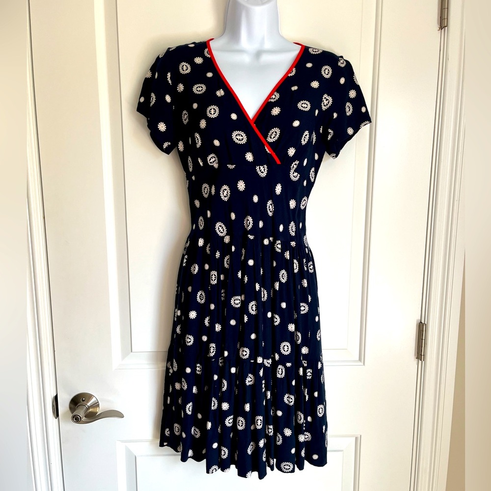 Navy Blue, White and Red Floral Dress